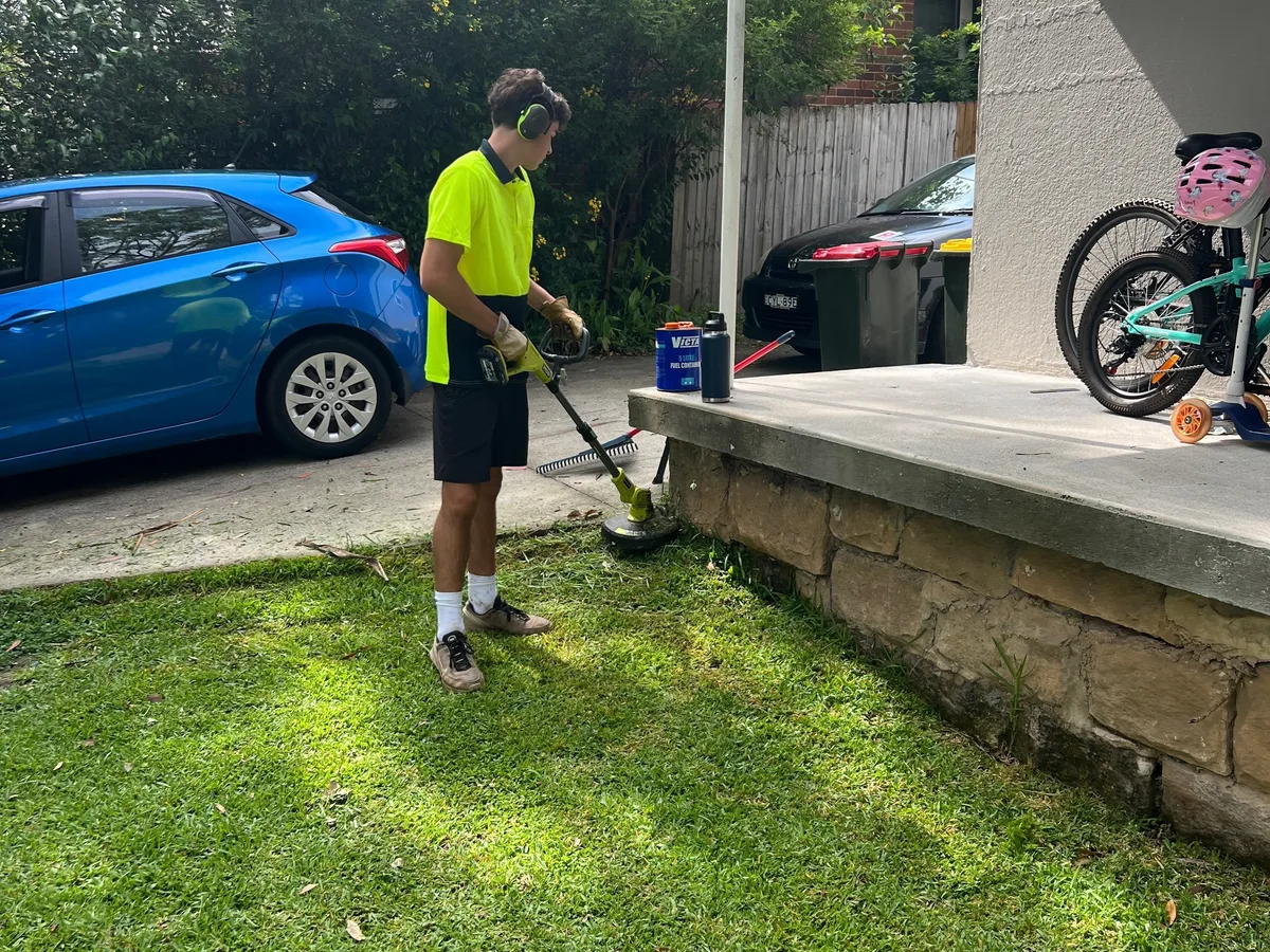 Line-trimming a lawn edge along a sandstone wall, by Golden Landscaping